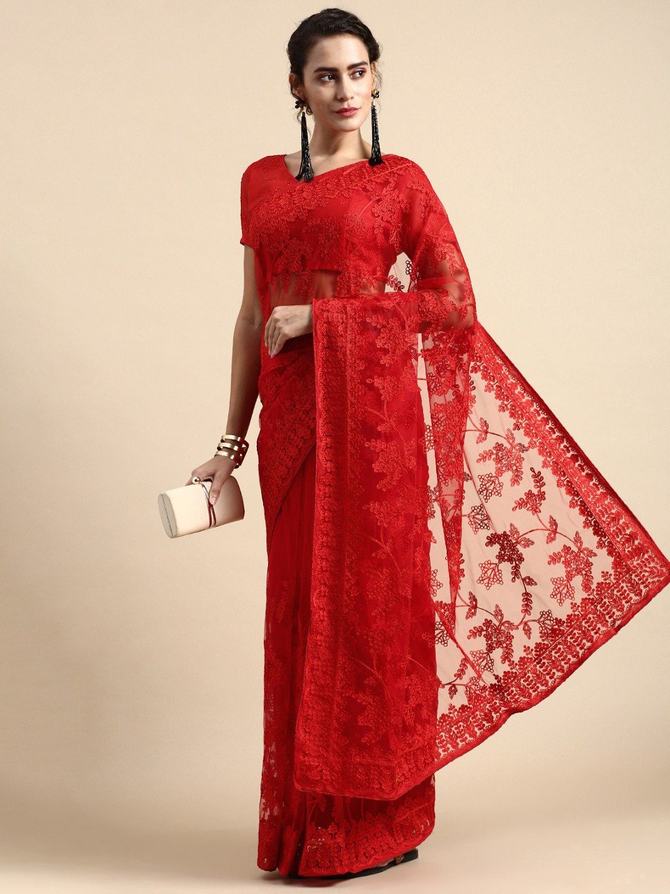 Embroidered Soft Net Red Saree with Mono Banglory Blouse Piece and Piping Lace Colorful Saree