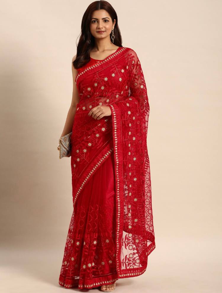 Embroidered Soft Net Red Saree with Mono Banglory Blouse Piece Colorful Saree