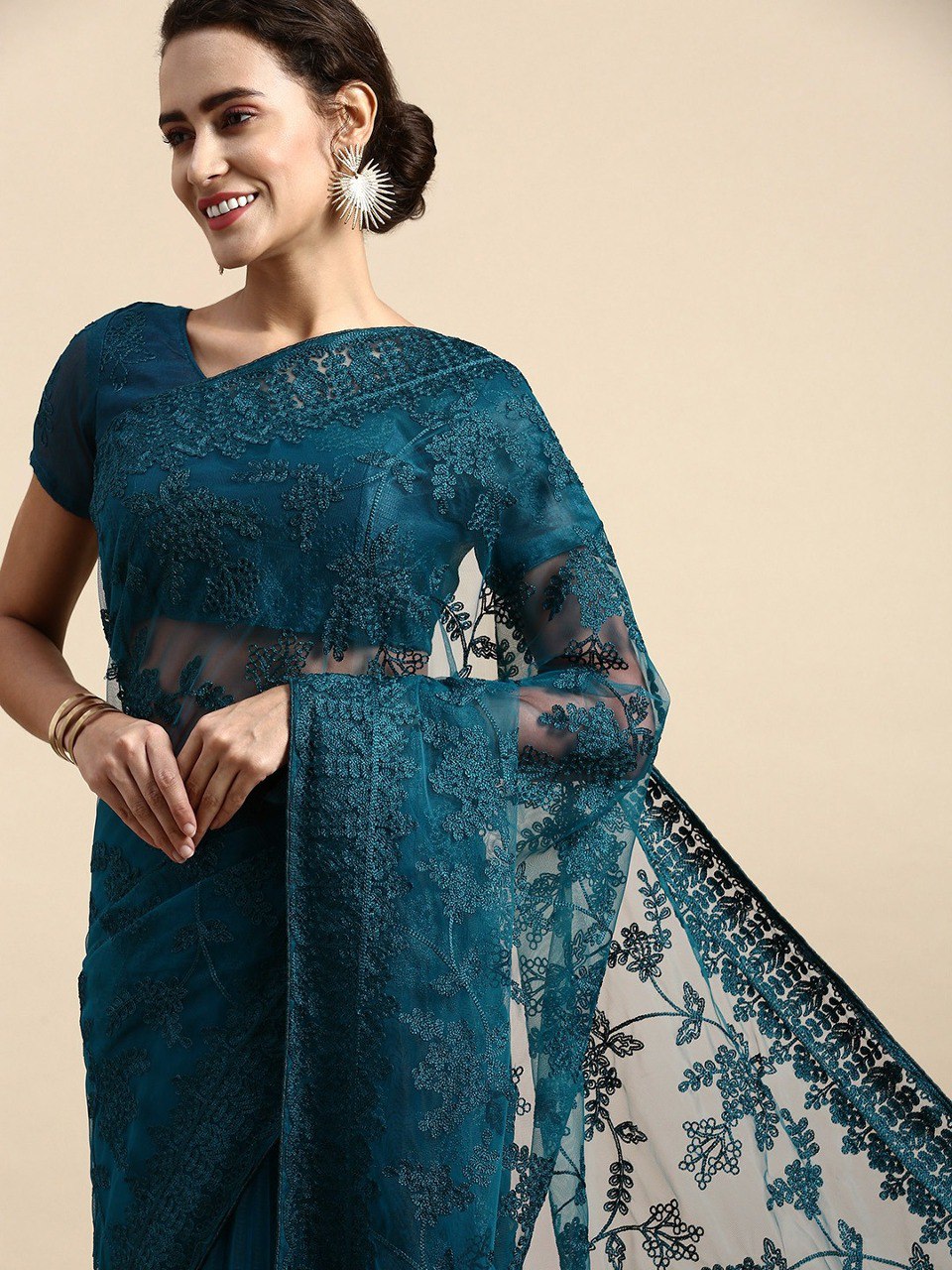 Embroidered Soft Net Teal Blue Saree with Mono Banglory Blouse Piece and Piping Lace Colorful Saree