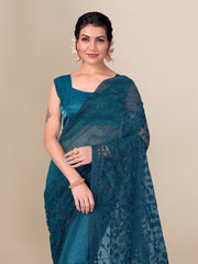 Embroidered Soft Net Teal Blue Saree with Satin Banglory Silk Blouse Colorful Saree