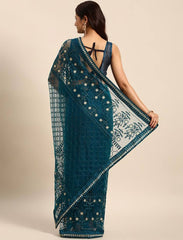 Embroidered Soft Net Teal Blue Saree with Mono Banglory Blouse Piece Colorful Saree