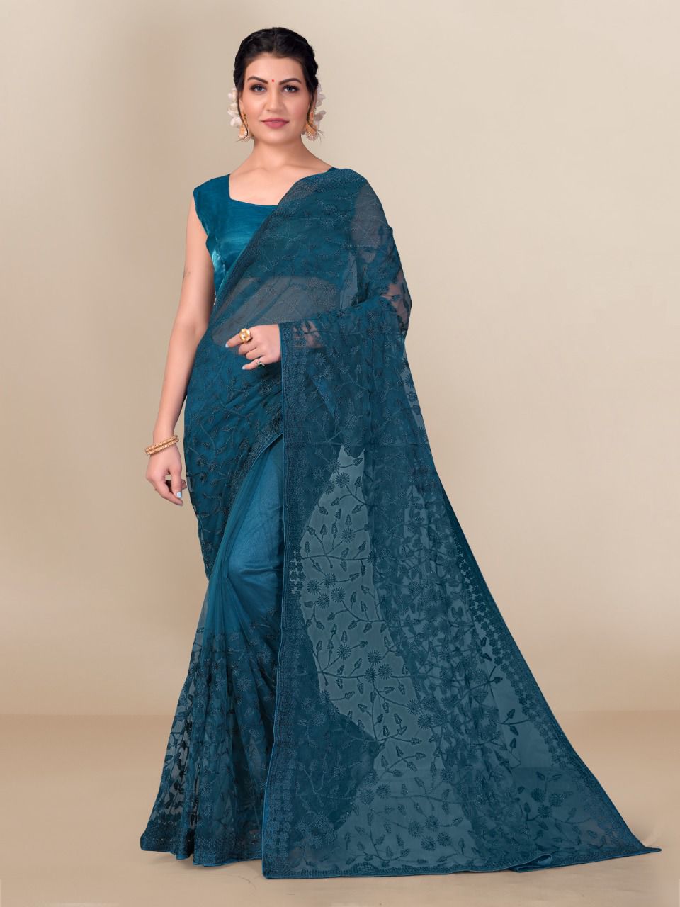 Embroidered Soft Net Teal Blue Saree with Satin Banglory Silk Blouse Colorful Saree