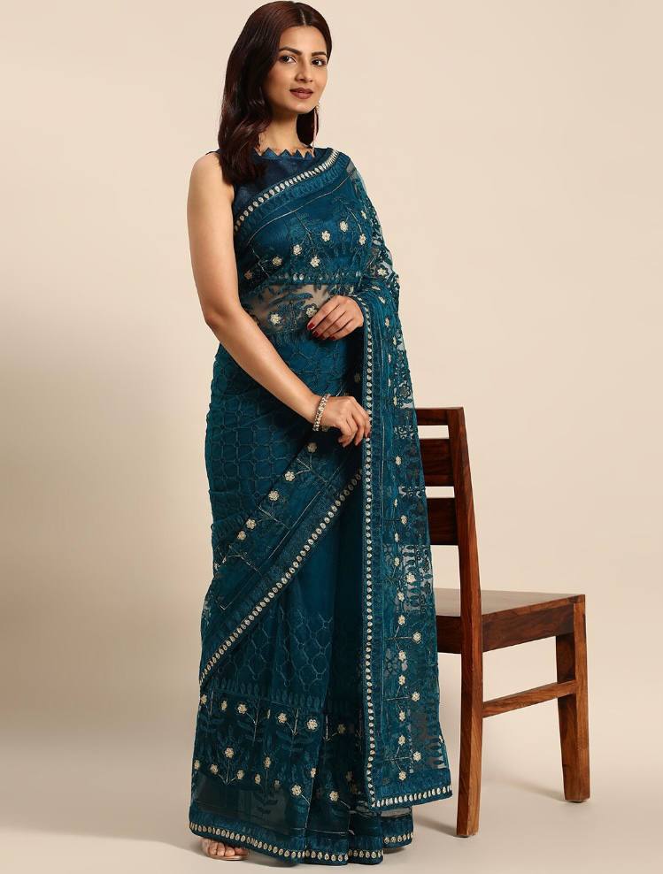 Embroidered Soft Net Teal Blue Saree with Mono Banglory Blouse Piece Colorful Saree