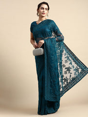 Embroidered Soft Net Teal Blue Saree with Mono Banglory Blouse Piece and Piping Lace Colorful Saree