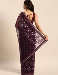 Embroidered Soft Net Wine Saree with Mono Banglory Blouse Piece Colorful Saree