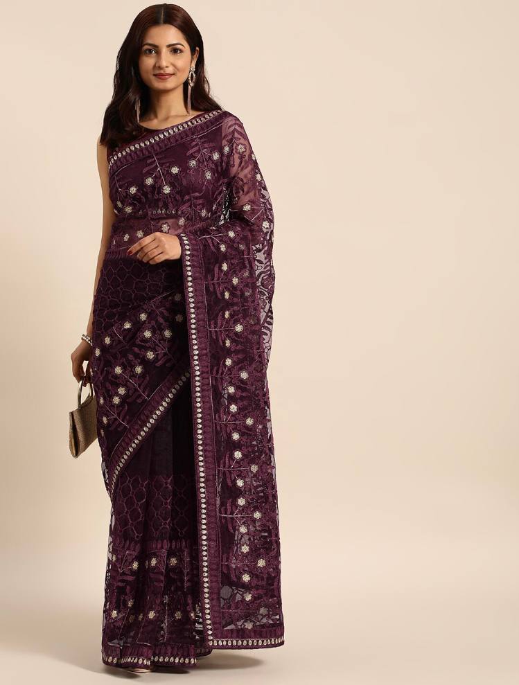 Embroidered Soft Net Wine Saree with Mono Banglory Blouse Piece Colorful Saree