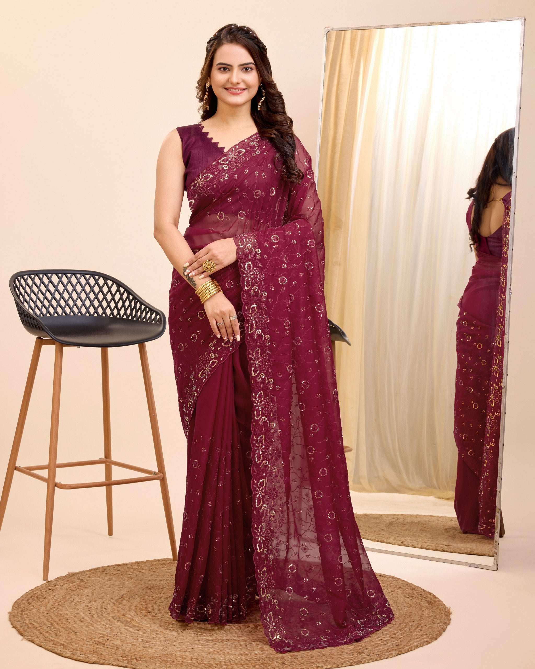 Enchanted Organza: Embroidered Wedding Maroon Saree in Soft Organza Silk Colorful Saree