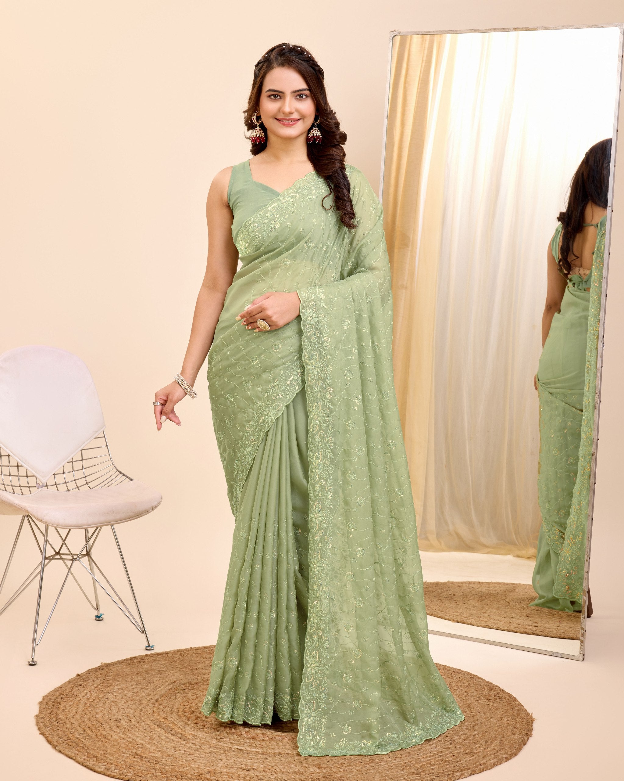 Enchanted Organza: Embroidered Wedding Pista Green Saree in Soft Organza Silk Colorful Saree