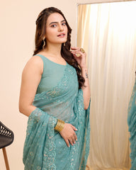 Enchanted Organza: Embroidered Wedding Turquoise Saree in Soft Organza Silk Colorful Saree