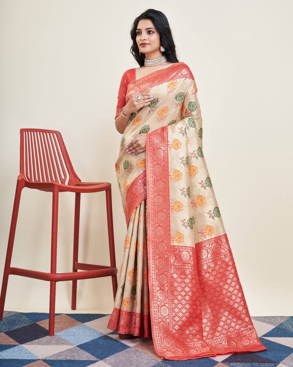 Enchanting Designer Cream Saree: Soft Kanjivaram Silk with Rich Jacquard Colorful Saree