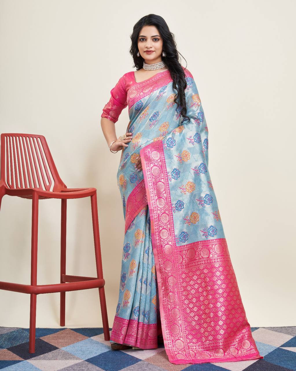 Enchanting Designer Sky Blue Saree: Soft Kanjivaram Silk with Rich Jacquard Colorful Saree