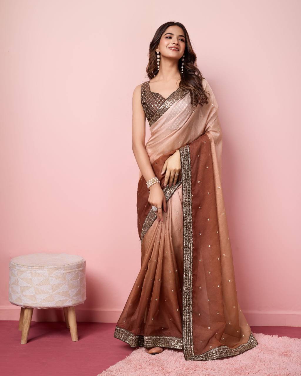 Enchanting Ombre Soft Taby Silk Organza Brown Saree with Exquisite Embroidery Colorful Saree