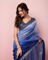 Enchanting Ombre Soft Taby Silk Organza Navy Blue Saree with Exquisite Embroidery Colorful Saree