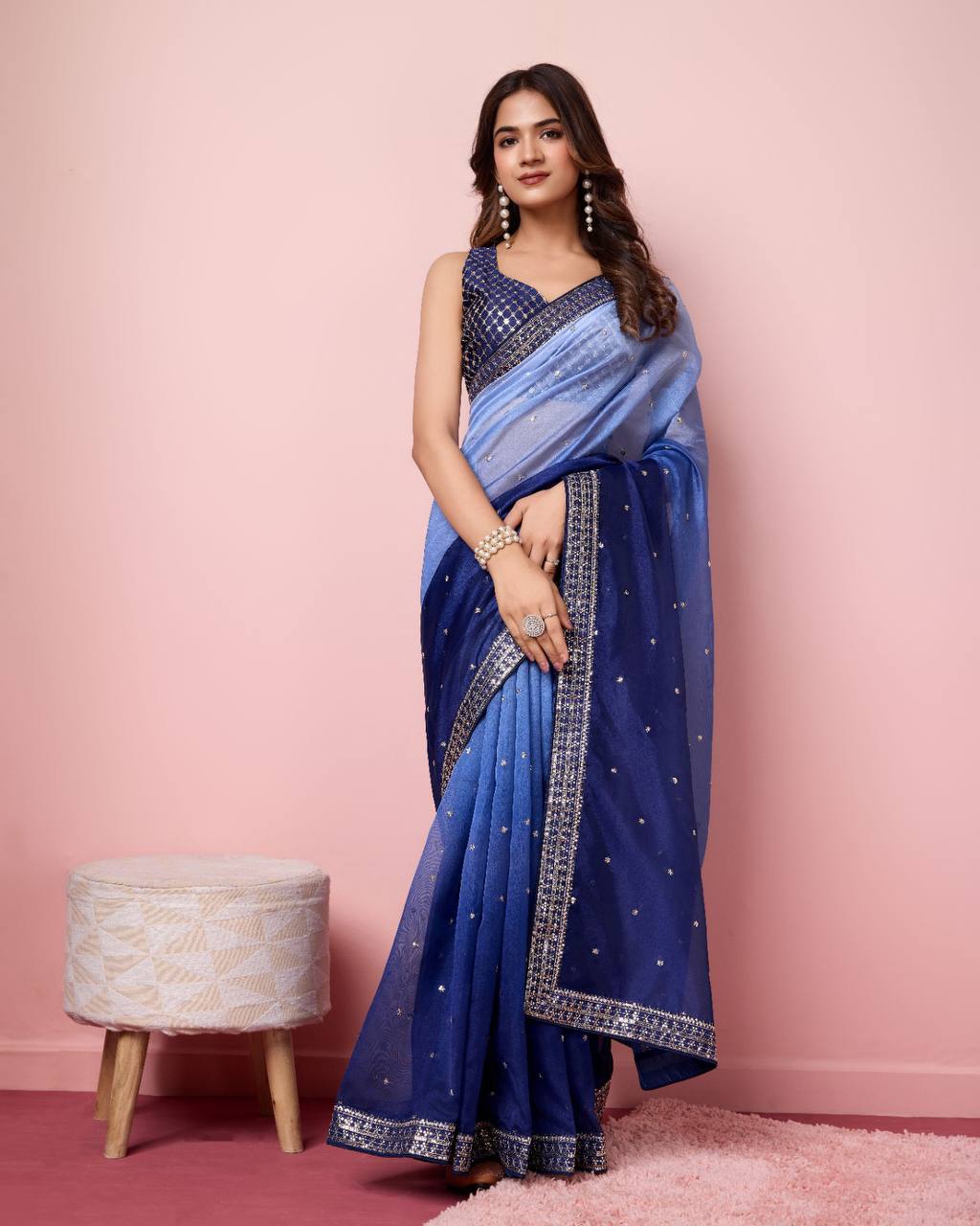 Enchanting Ombre Soft Taby Silk Organza Navy Blue Saree with Exquisite Embroidery Colorful Saree