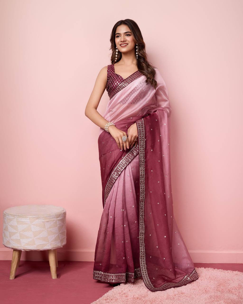 Enchanting Ombre Soft Taby Silk Organza Onion Color Saree with Exquisite Embroidery Colorful Saree