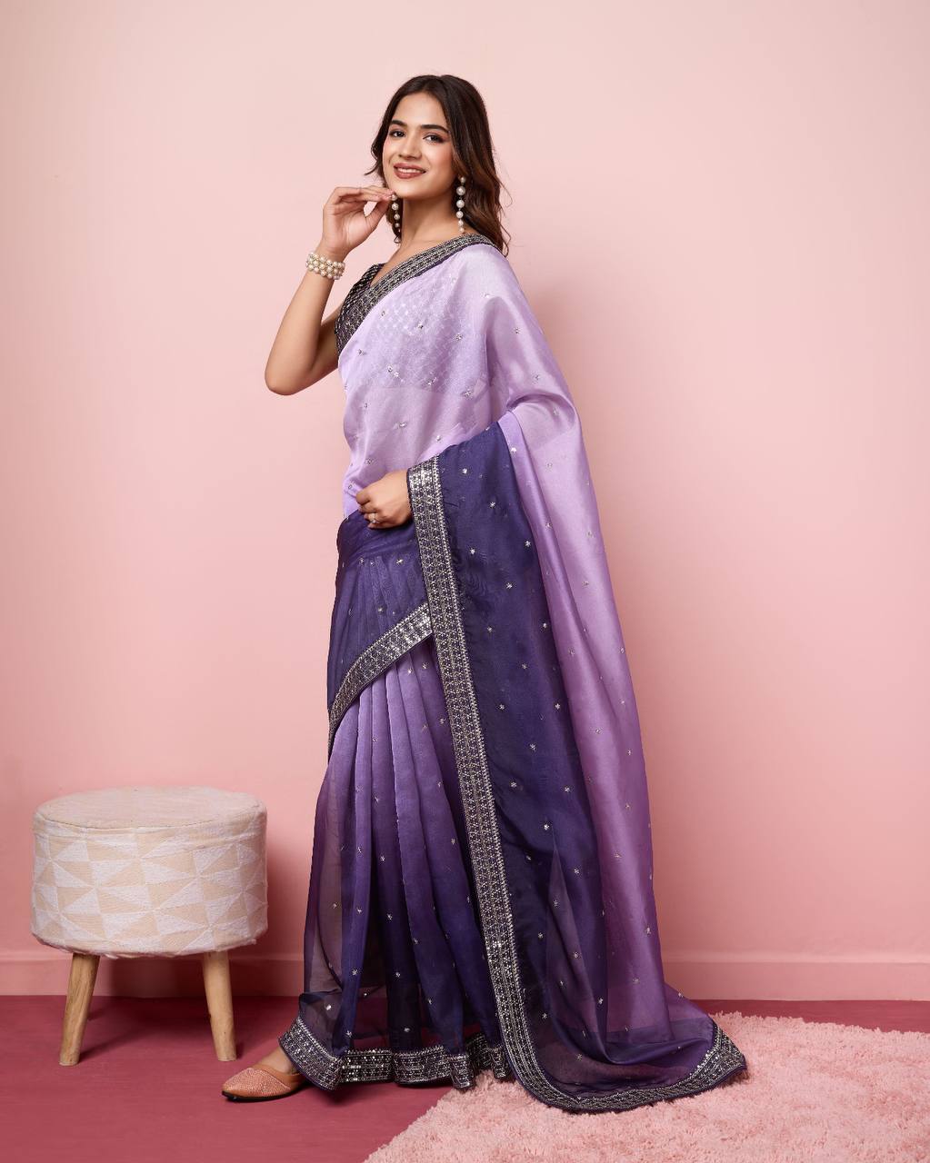 Enchanting Ombre Soft Taby Silk Organza Purple Saree with Exquisite Embroidery Colorful Saree