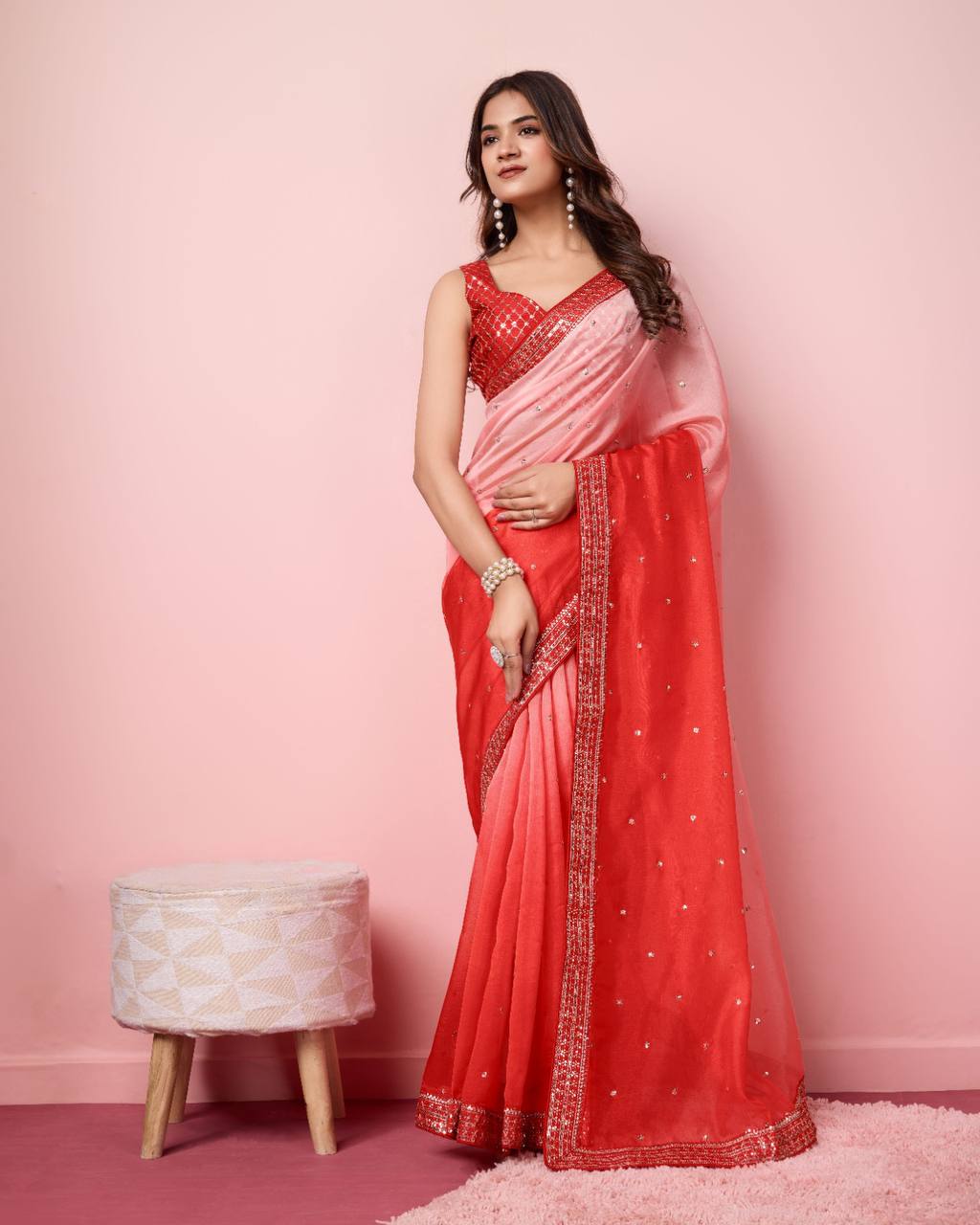 Enchanting Ombre Soft Taby Silk Organza Red Saree with Exquisite Embroidery Colorful Saree