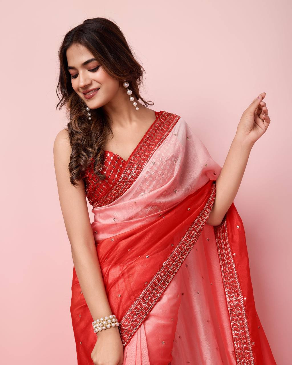 Enchanting Ombre Soft Taby Silk Organza Red Saree with Exquisite Embroidery Colorful Saree