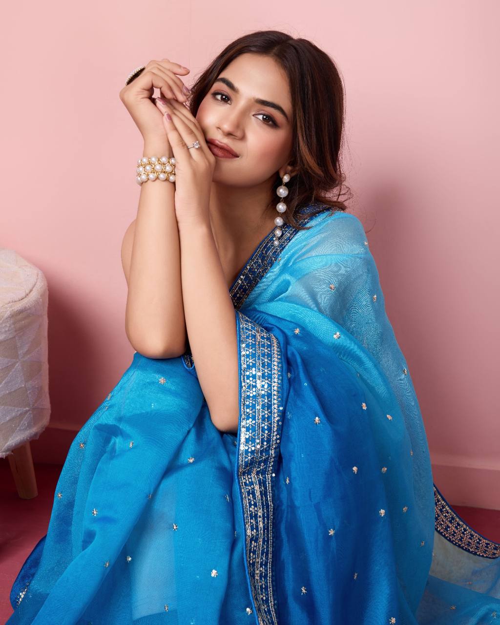 Enchanting Ombre Soft Taby Silk Organza Sky Blue Saree with Exquisite Embroidery Colorful Saree