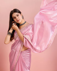 Enchanting Party Wear Baby Pink Saree: Exquisite Burberry Silk with Embroidery & Cutwork Colorful Saree