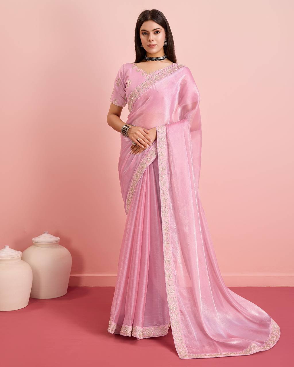 Enchanting Party Wear Baby Pink Saree: Exquisite Burberry Silk with Embroidery & Cutwork Colorful Saree