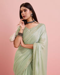 Enchanting Party Wear Pista Green Saree: Exquisite Burberry Silk with Embroidery & Cutwork Colorful Saree