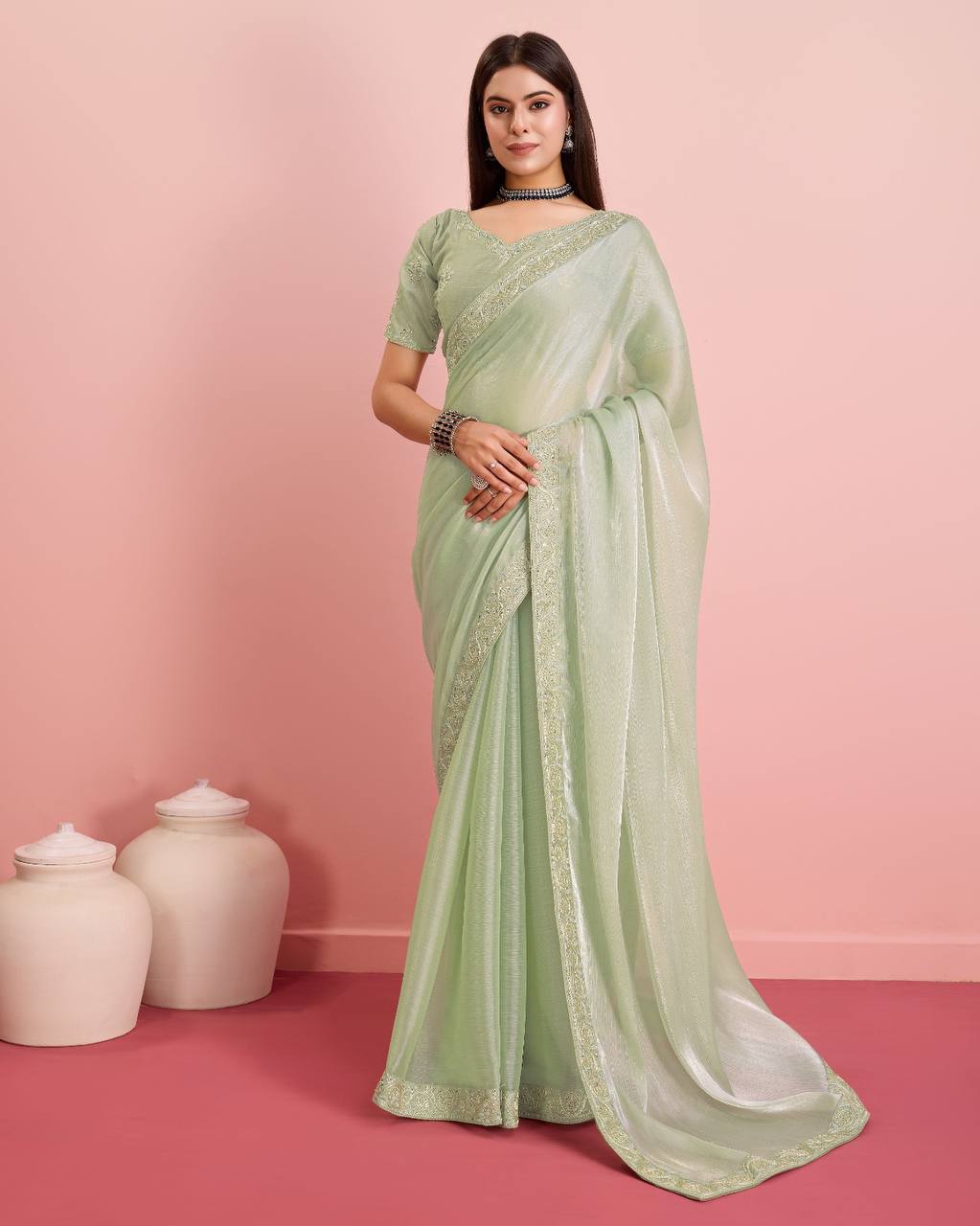 Enchanting Party Wear Pista Green Saree: Exquisite Burberry Silk with Embroidery & Cutwork Colorful Saree