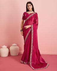 Enchanting Party Wear Rani Pink Saree: Exquisite Burberry Silk with Embroidery & Cutwork Colorful Saree