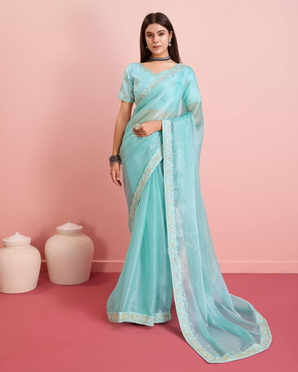 Enchanting Party Wear Sky Blue Saree: Exquisite Burberry Silk with Embroidery & Cutwork Colorful Saree