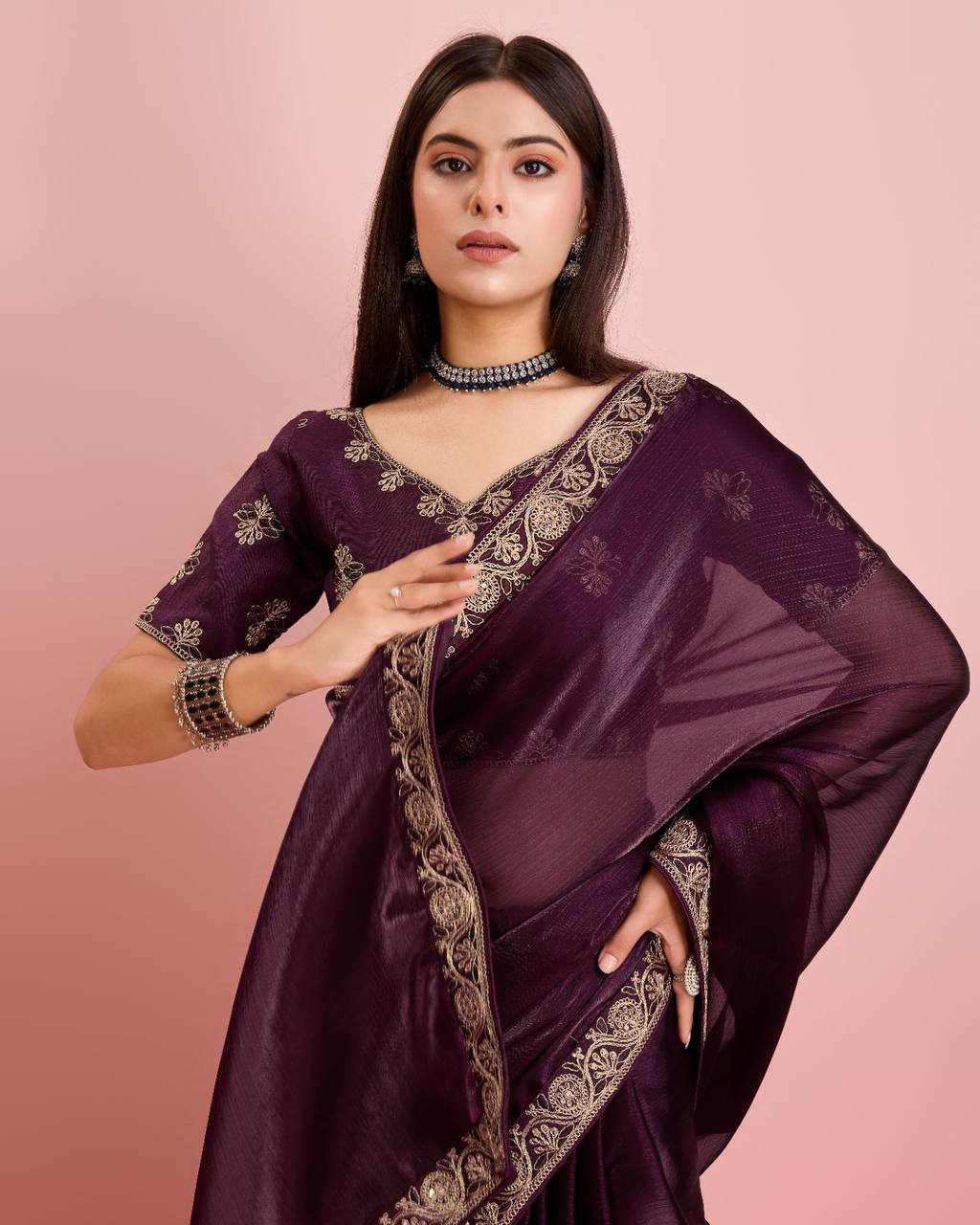 Enchanting Party Wear Wine Saree: Exquisite Burberry Silk with Embroidery & Cutwork Colorful Saree