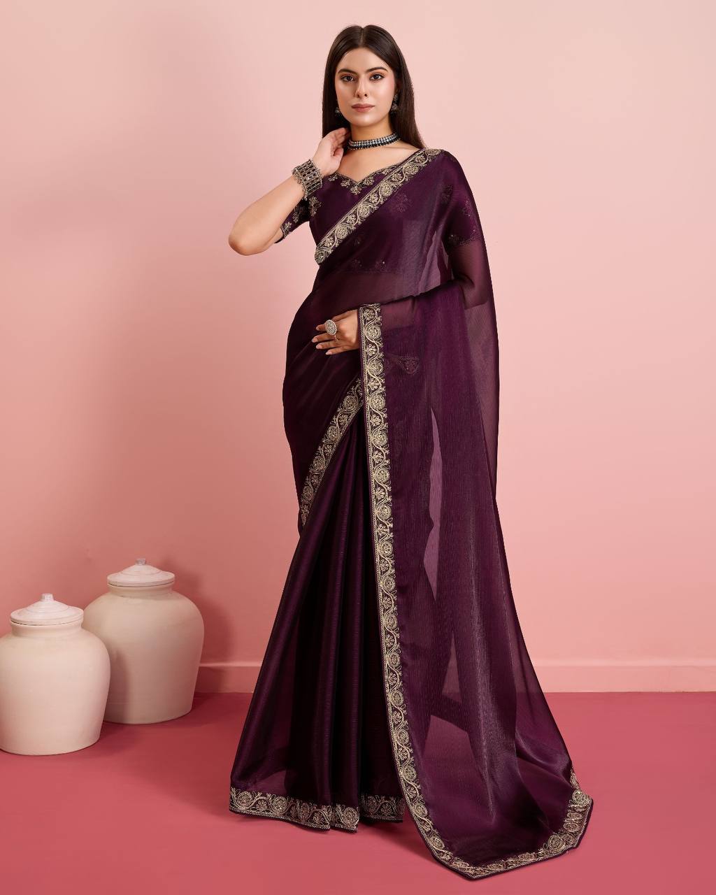 Enchanting Party Wear Wine Saree: Exquisite Burberry Silk with Embroidery & Cutwork Colorful Saree