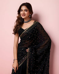 Enchanting Sequin Black Saree with Organza Embroidery Pallu Colorful Saree