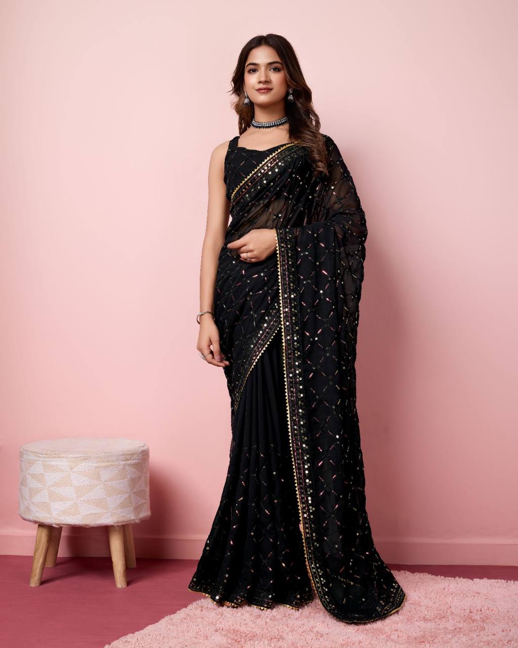 Enchanting Sequin Black Saree with Organza Embroidery Pallu Colorful Saree