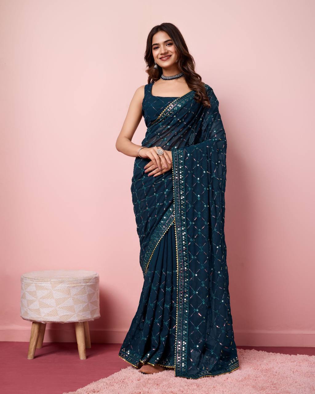 Enchanting Sequin Dark Blue Saree with Organza Embroidery Pallu Colorful Saree