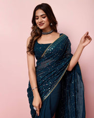 Enchanting Sequin Dark Blue Saree with Organza Embroidery Pallu Colorful Saree