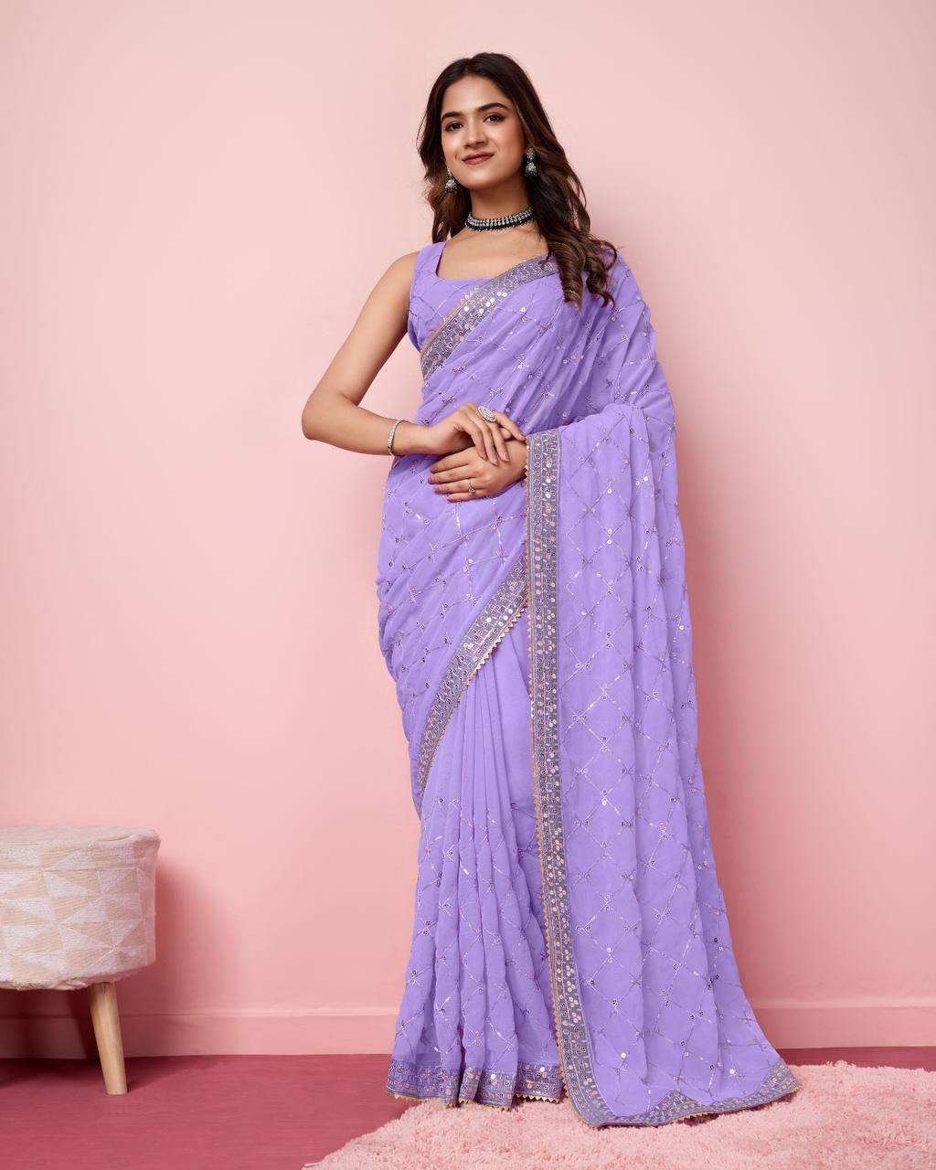 Enchanting Sequin Lavender Saree with Organza Embroidery Pallu Colorful Saree