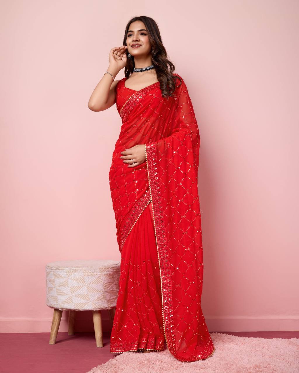 Enchanting Sequin Red Saree with Organza Embroidery Pallu Colorful Saree