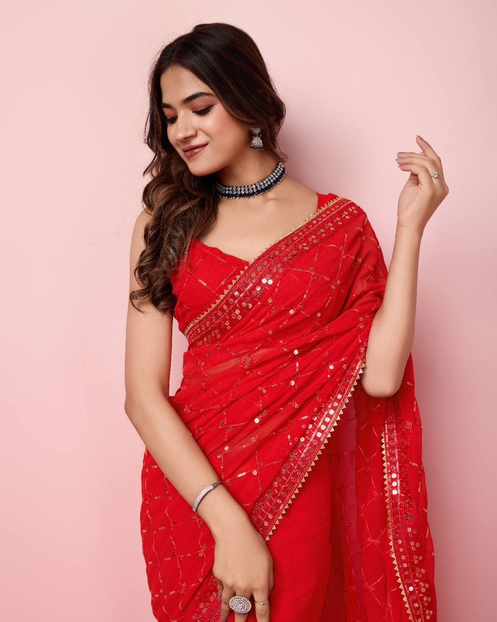 Enchanting Sequin Red Saree with Organza Embroidery Pallu Colorful Saree