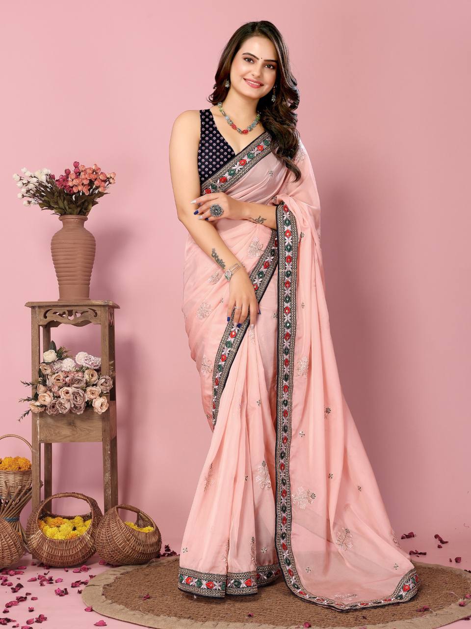 Enchanting Taby Silk Organza Peach Saree With Blouse Piece Colorful Saree