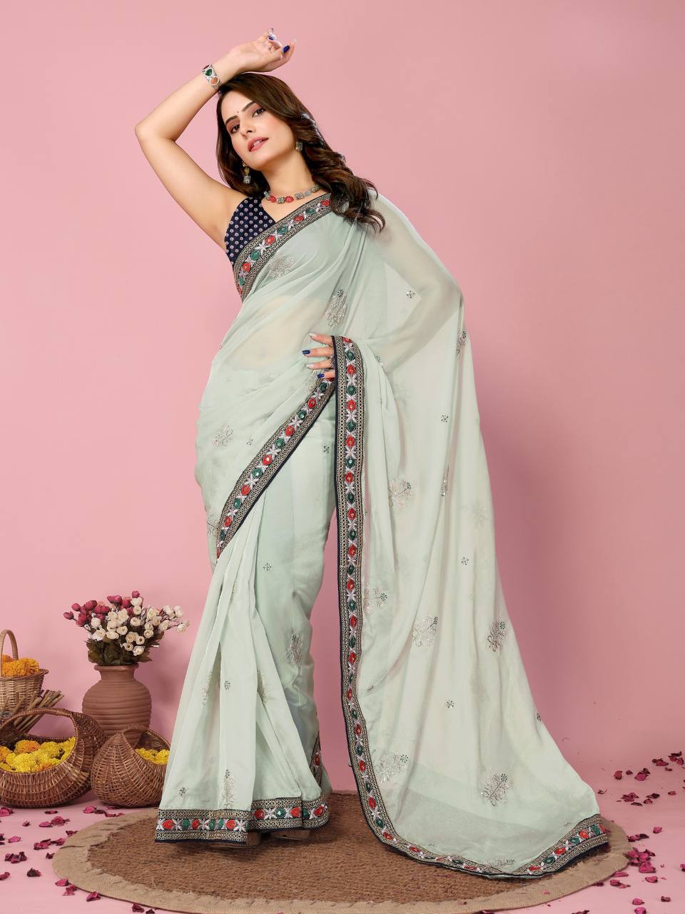 Enchanting Taby Silk Organza Sky Blue Saree With Blouse Piece Colorful Saree