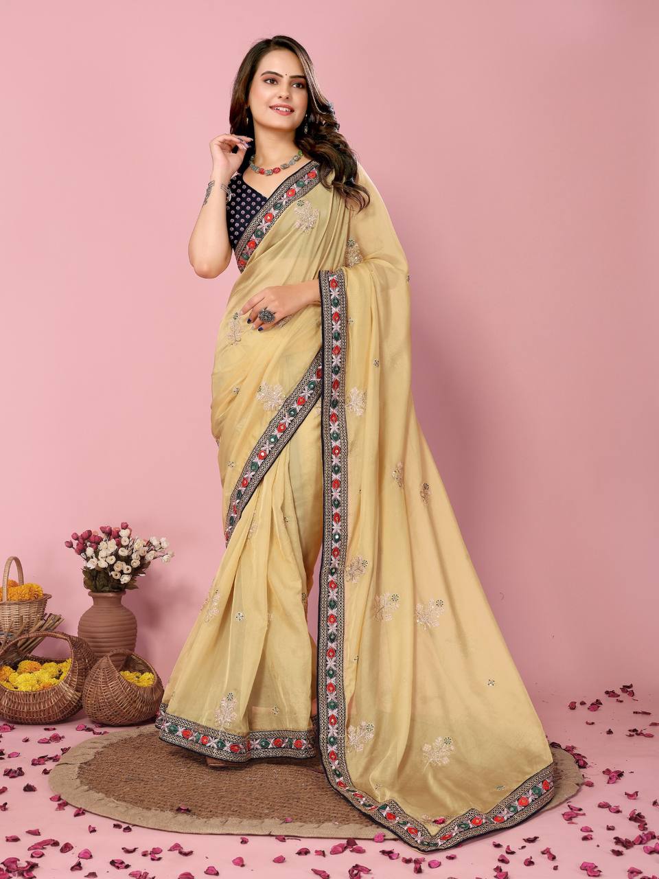 Enchanting Taby Silk Organza Yellow Saree With Blouse Piece Colorful Saree