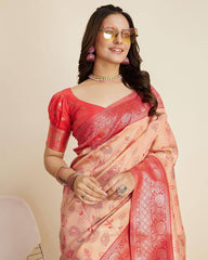 Enthralling Designer Cream Saree: Soft Kanjivaram Silk with Jacquard & Zari Work Colorful Saree