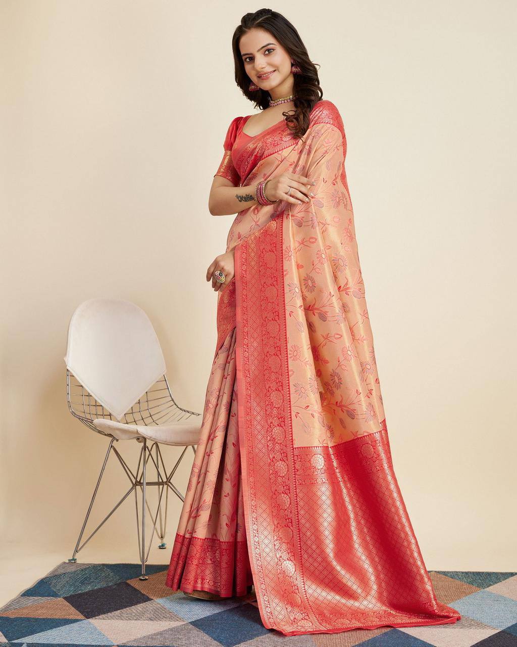 Enthralling Designer Cream Saree: Soft Kanjivaram Silk with Jacquard & Zari Work Colorful Saree