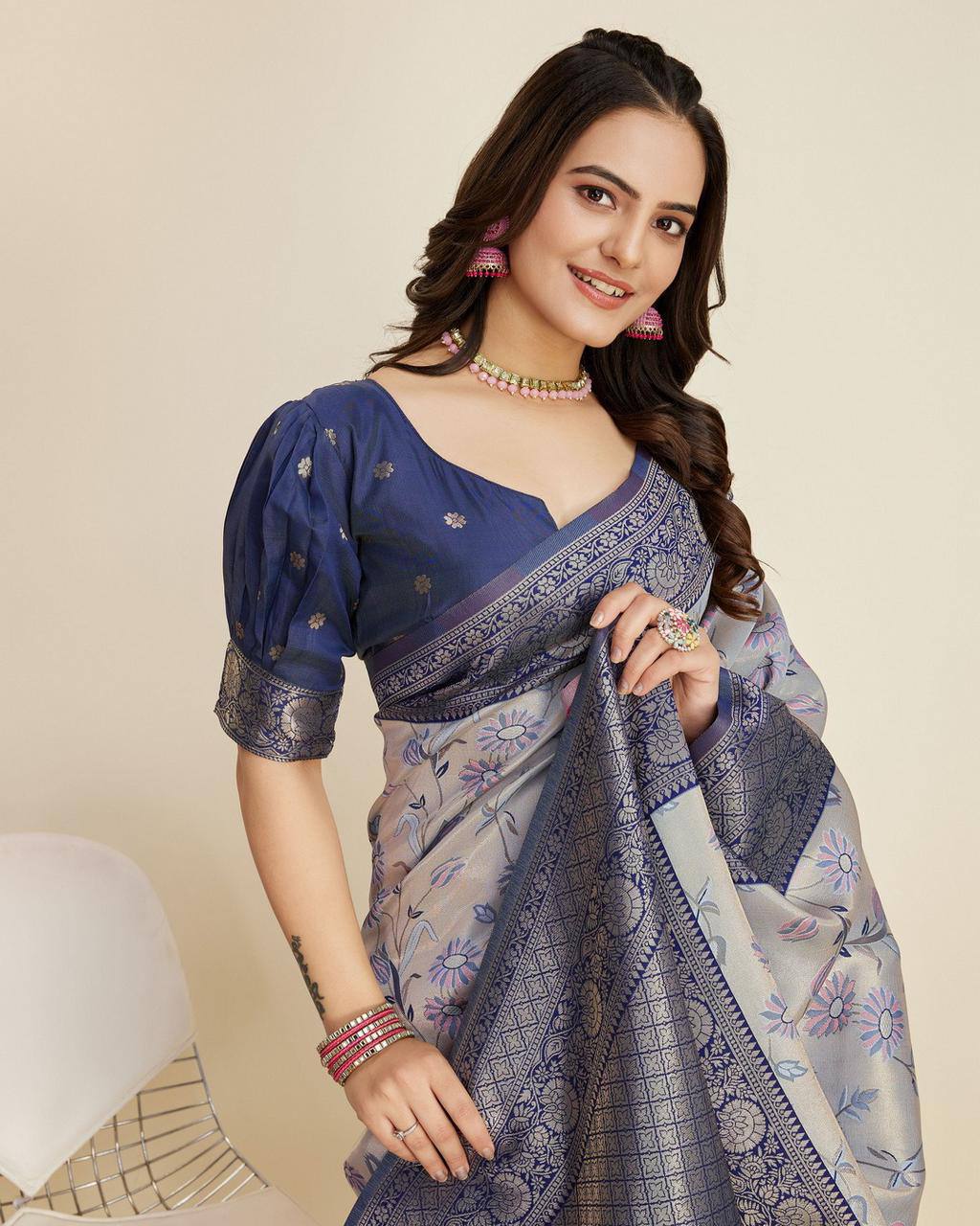 Enthralling Designer Grey Saree: Soft Kanjivaram Silk with Jacquard & Zari Work Colorful Saree