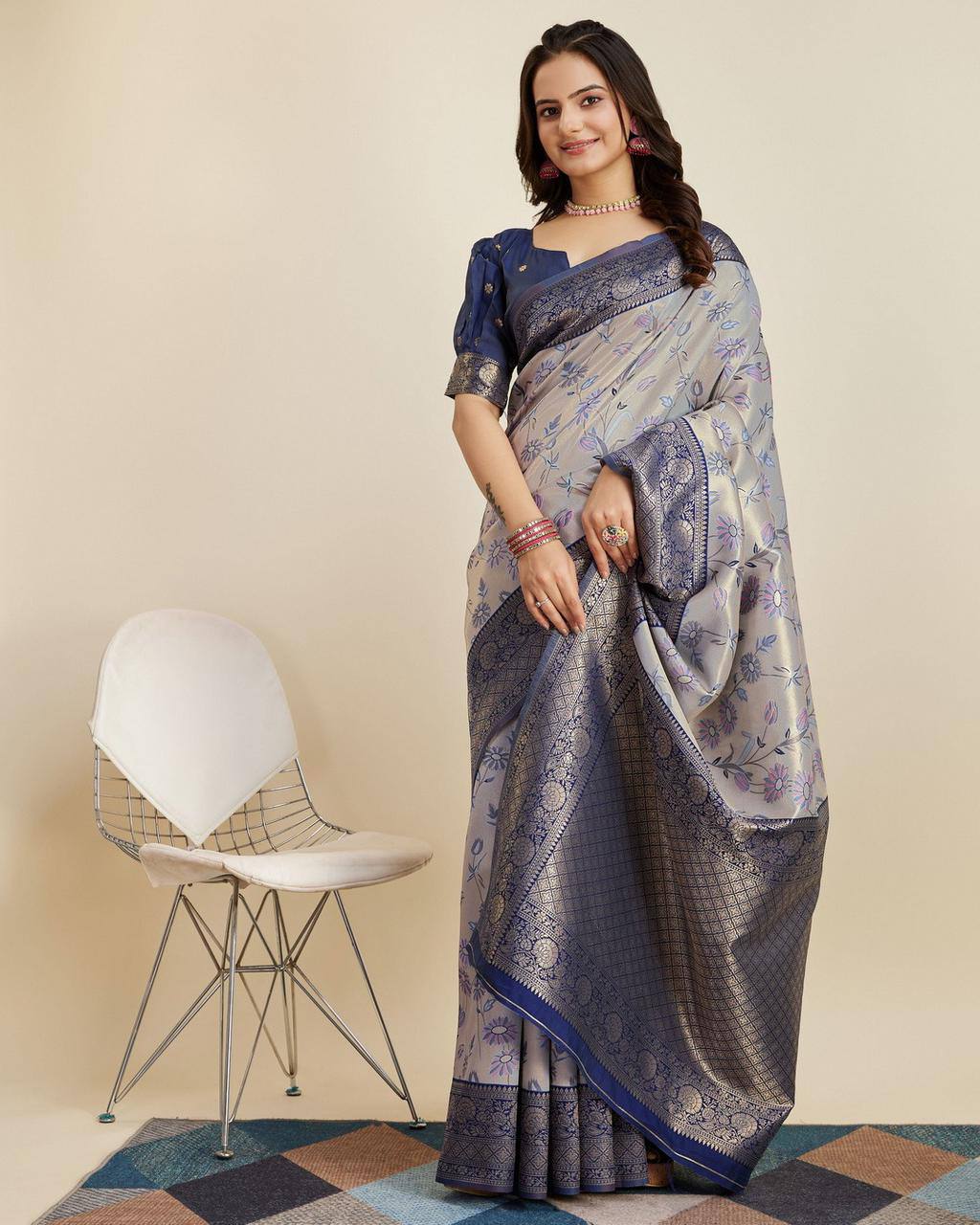 Enthralling Designer Grey Saree: Soft Kanjivaram Silk with Jacquard & Zari Work Colorful Saree