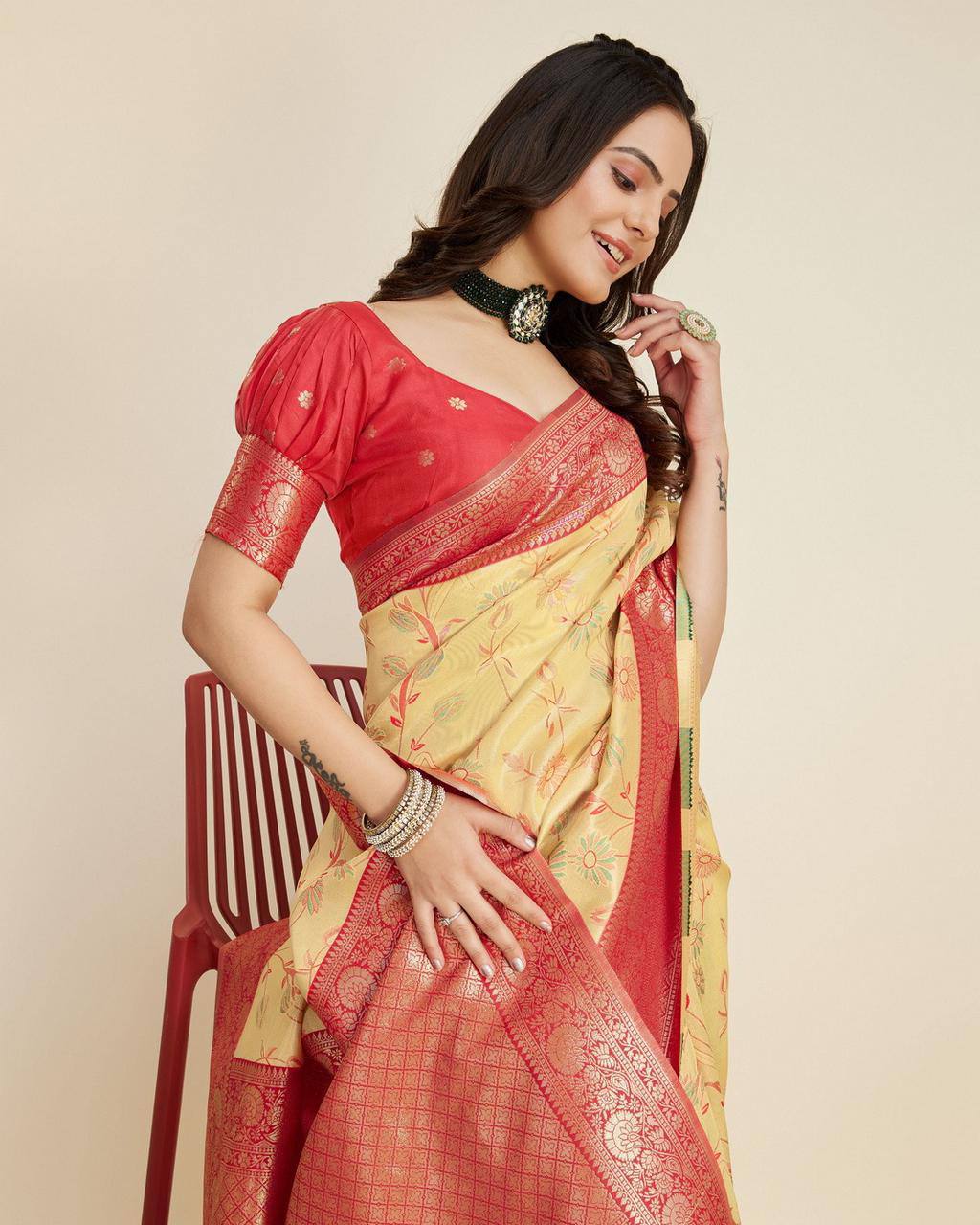 Enthralling Designer Lemon Yellow Saree: Soft Kanjivaram Silk with Jacquard & Zari Work Colorful Saree