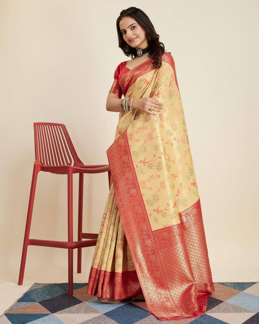 Enthralling Designer Lemon Yellow Saree: Soft Kanjivaram Silk with Jacquard & Zari Work Colorful Saree