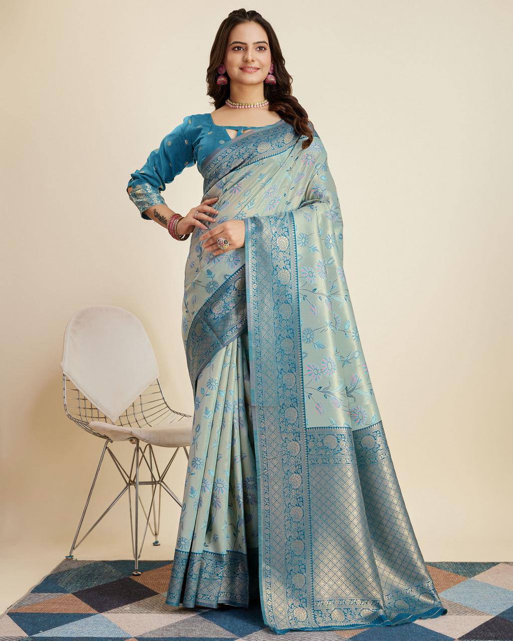 Enthralling Designer Light Blue Saree: Soft Kanjivaram Silk with Jacquard & Zari Work Colorful Saree