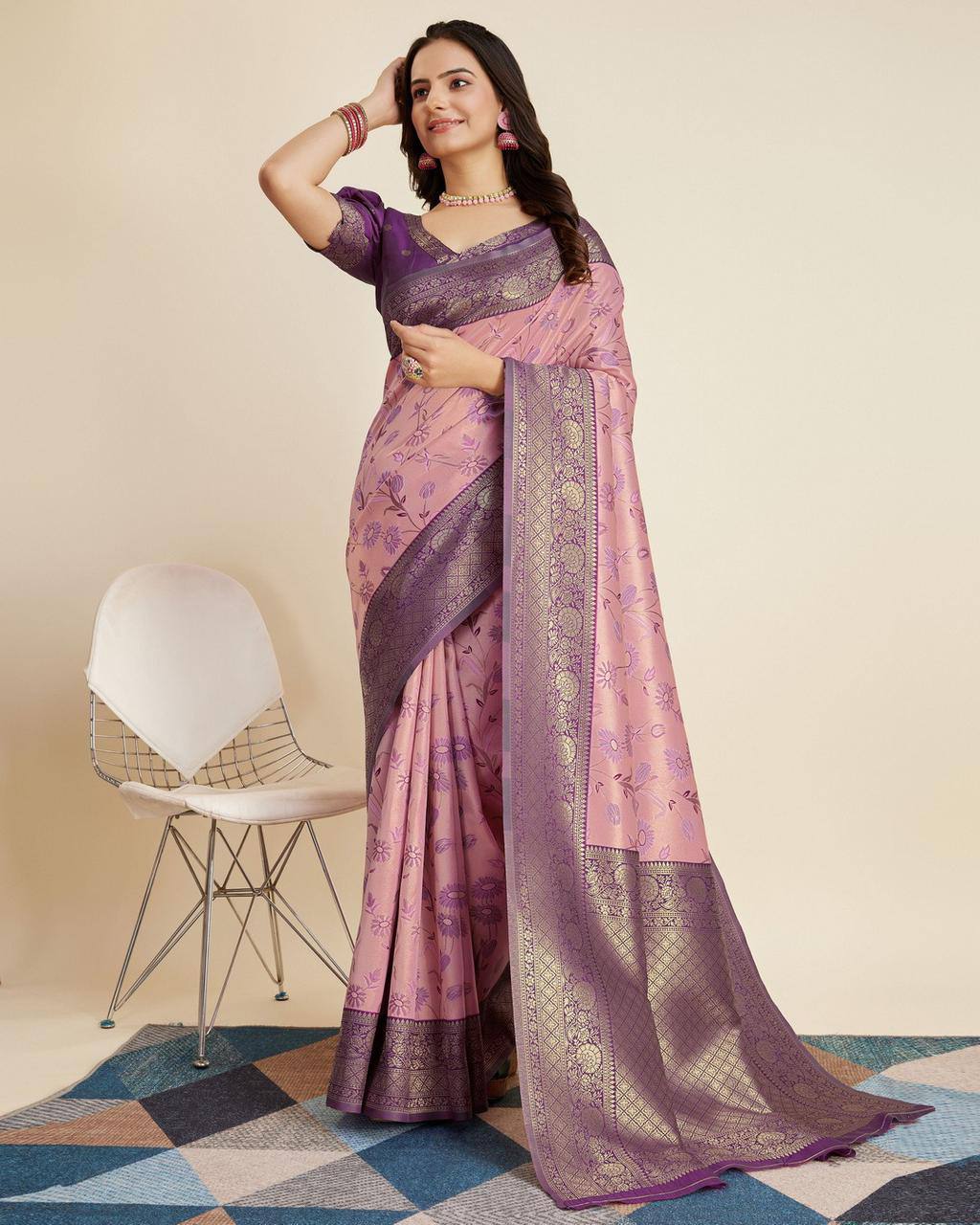 Enthralling Designer Pink Saree: Soft Kanjivaram Silk with Jacquard & Zari Work Colorful Saree