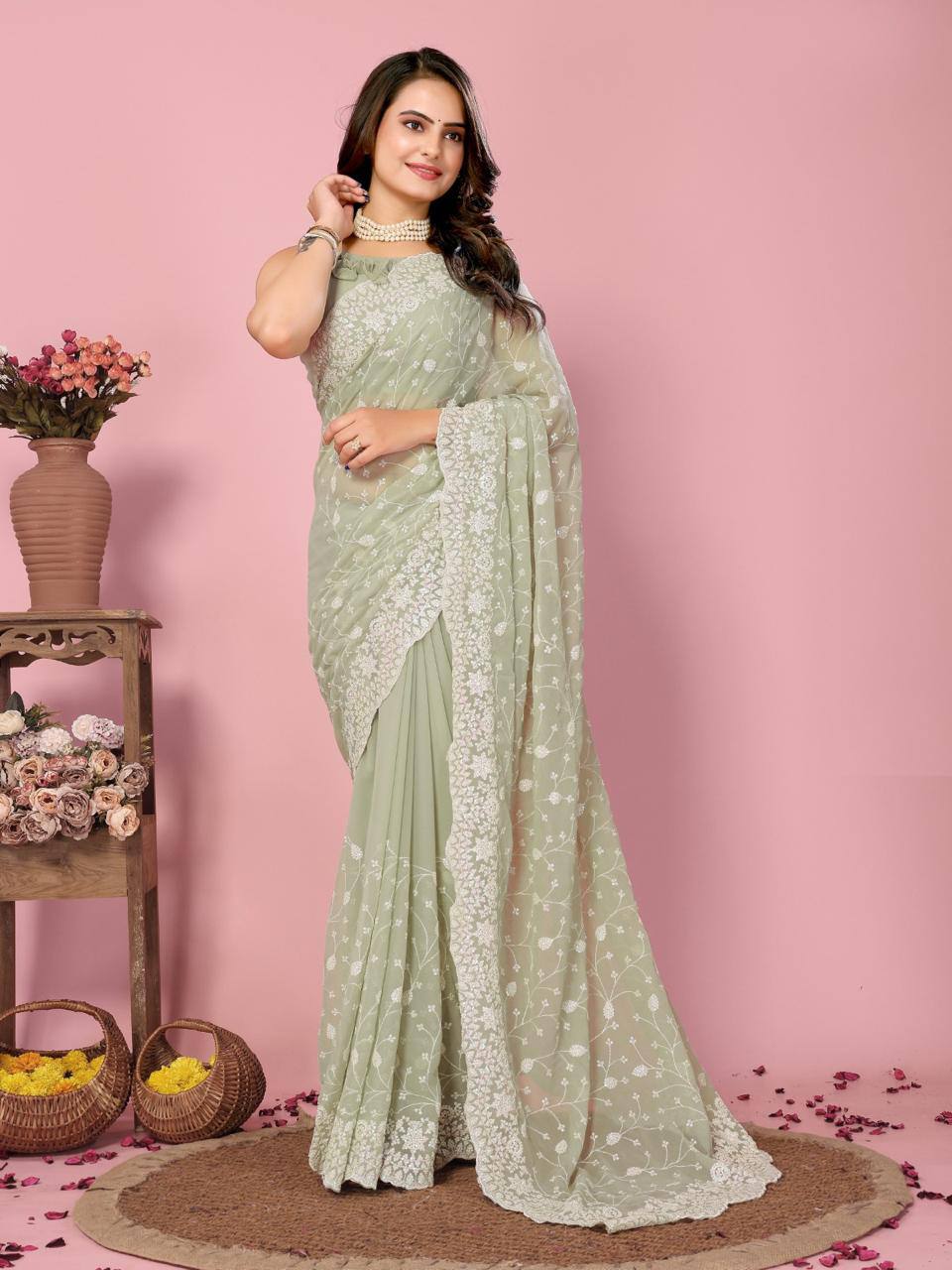 Enthralling Rainbow Sequin Mint Green Saree With Blouse Piece Colorful Saree